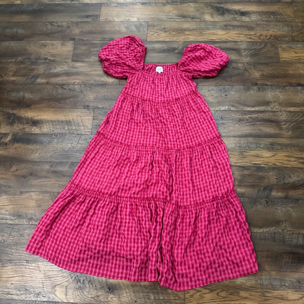 Things Between Pink Gingham Puff Sleeve Tiered Midi Dress Womens S Cottagecore